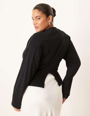 ASOS DESIGN Curve - Langärmliges T-Shirt in Schwarz mit Korsett-Taille
