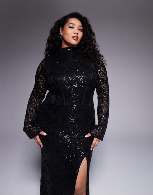 ASOS DESIGN Curve – Langärmliges, verziertes Maxikleid aus Spitze in Schwarz mit Schlitz, 2 von 4