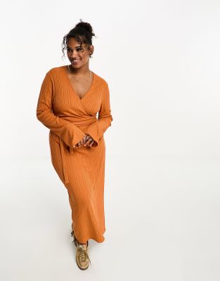 ASOS DESIGN Curve - Langärmliges Wickel-Midikleid in Rost mit Struktur und seitlichem Bindedetail-Orange