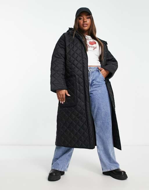 ASOS DESIGN Curve - Lange doorgestikt jas in zwart