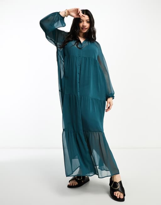 ASOS DESIGN Curve - Lange gelaagde overhemdjurk met knopen in groenblauw