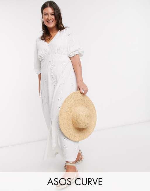 ASOS DESIGN Curve - Lange jurk met broderie en pofmouwen in wit