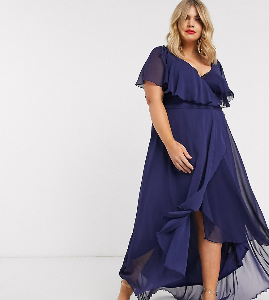 ASOS DESIGN - Curve - Lange jurk met lange achterkant en cape-Blauw