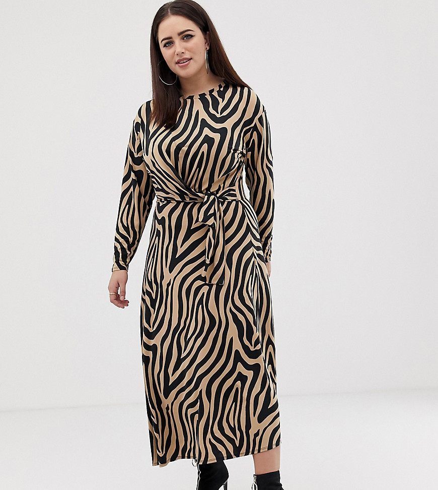 ASOS DESIGN - Curve - Lange jurk met striktaille en dierenprint-Multi