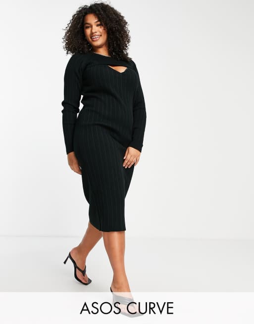 ASOS DESIGN Curve - Lange jurk met uitsnijding aan de voorkant in zwart