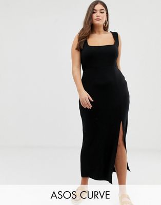 ASOS DESIGN Curve - Lange jurk met vierkante hals en split, van gemengde stof-Zwart
