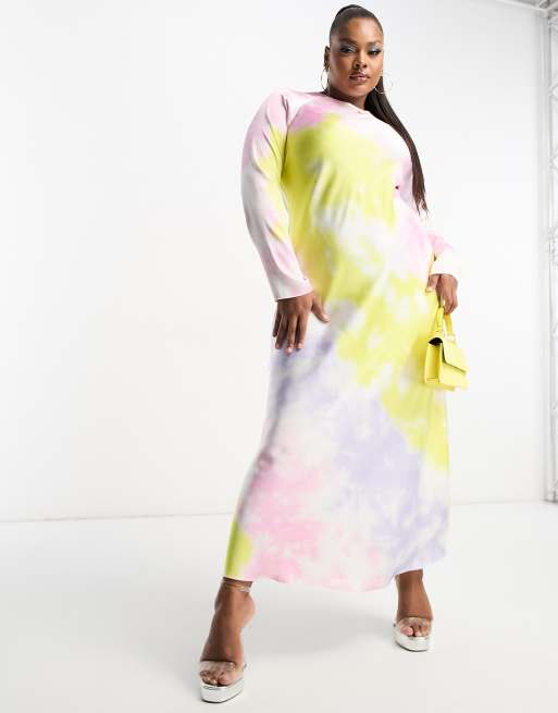 ASOS DESIGN Curve - Lange jurk van schuin gesneden satijn met marmerprint, 2 van 4