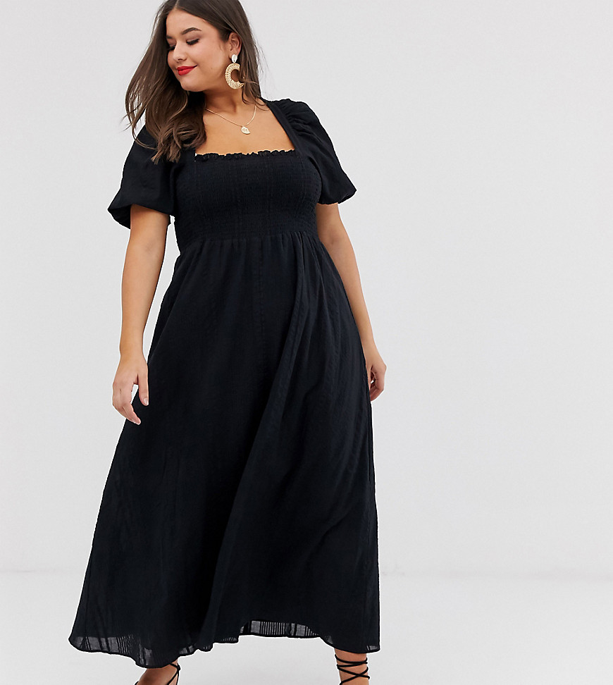 ASOS DESIGN Curve - Lange jurk van seersucker met aangerimpelde bustier en pofmouwen-Zwart