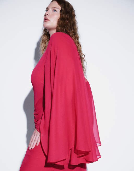 ASOS DESIGN Curve lange maxi-jurk met vlindermouwen en gerimpelde taille in framboosrood, 2 van 4