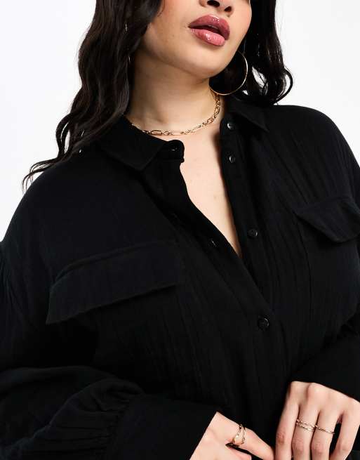 ASOS DESIGN Curve - Lange, oversized overhemdjurk van dubbele stof in zwart , 3 van 4