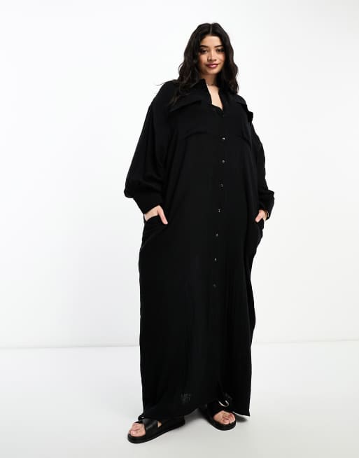 ASOS DESIGN Curve - Lange, oversized overhemdjurk van dubbele stof in zwart , 4 van 4