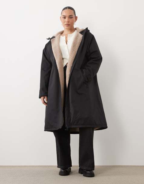 ASOS DESIGN Curve lange regenjas met borgvoering in zwart - view 1
