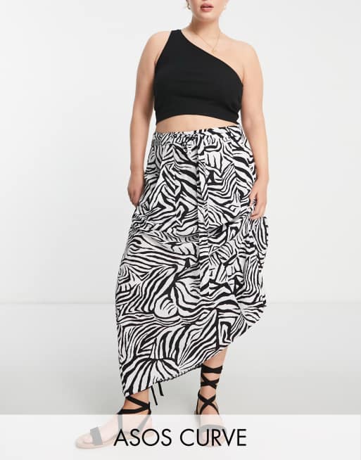 ASOS DESIGN Curve - Lange rok met overslag en zakken in zwart-witte zebraprint