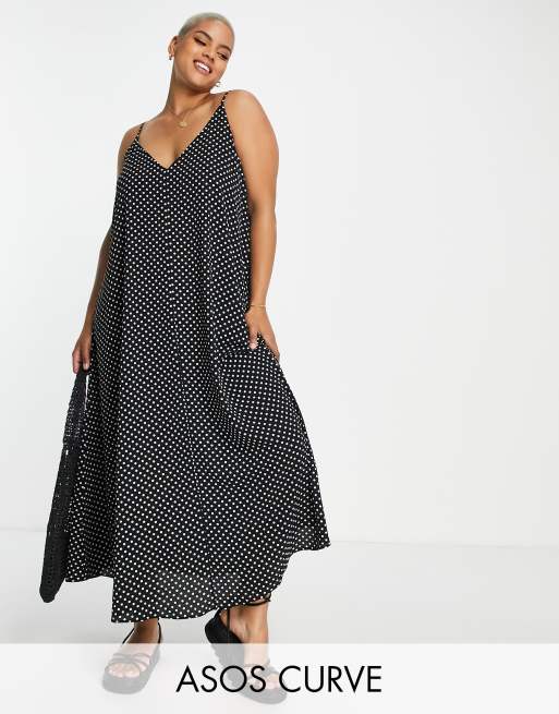 ASOS DESIGN Curve - Lange slipdress met A-lijn in zwart-witte stippenprint