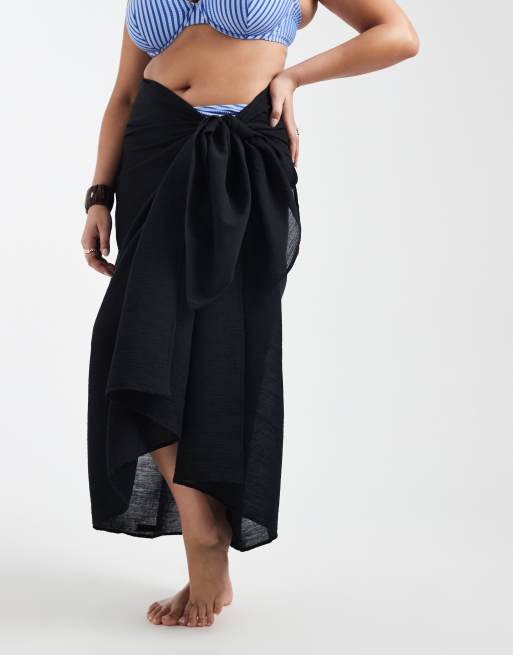 ASOS DESIGN Curve – Langer Strand-Sarong aus Baumwolle in Schwarz mit Knitterstruktur, 2 von 4