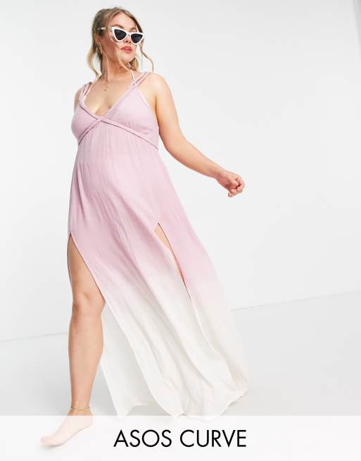 ASOS DESIGN Curve – Langes, strukturiertes Strandkleid in Rosa Ombré