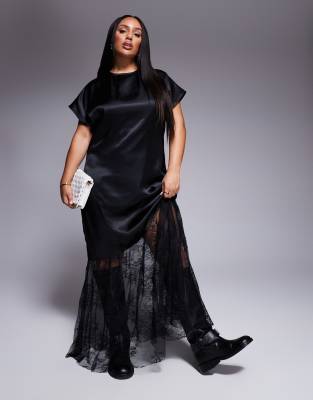 ASOS DESIGN Curve - Langes T-Shirt-Kleid aus Satin und Spitze in Schwarz