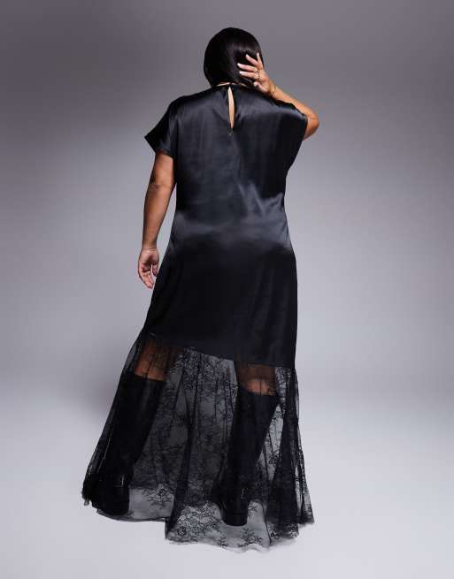 ASOS DESIGN Curve – Langes T-Shirt-Kleid aus Satin und Spitze in Schwarz, 4 von 4