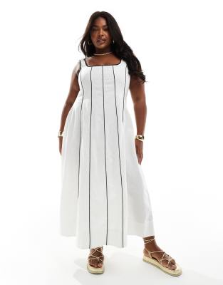 ASOS DESIGN Curve - Langes Tennis-Sommerkleid in Elfenbein mit Kontrast-Einfassung-Weiß