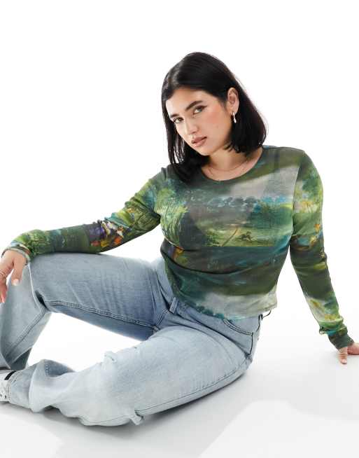 ASOS DESIGN Curve - Langærmet baby-T-shirt med grafisk kunstprint i mesh