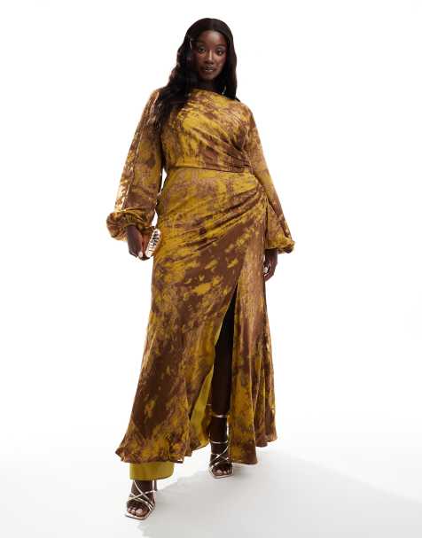 ASOS DESIGN Curve - Langærmet maxikjole med skråsnit og abstrakt burnout-print - view 1
