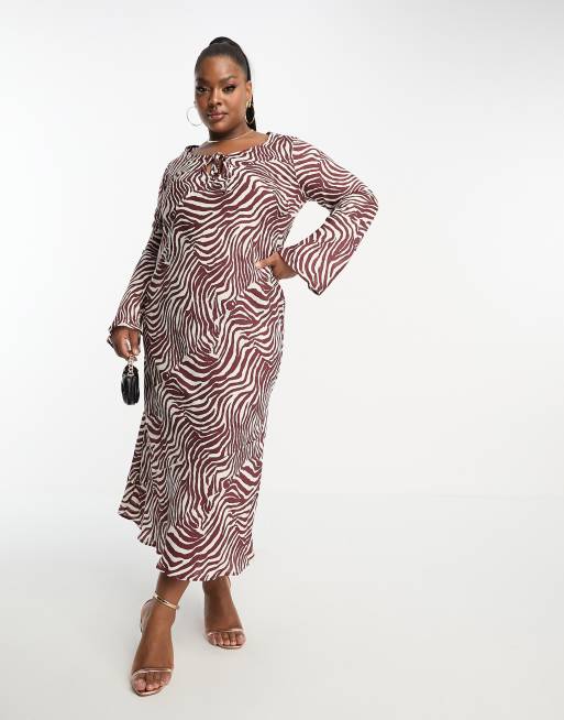 ASOS DESIGN Curve - Langærmet midikjole med bindebånd foran i zebraprint