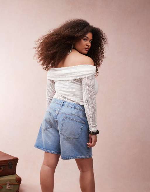 ASOS DESIGN Curve - Langærmet offshoulder-top i blondestof med bindebåndsdetalje, 3 af 4