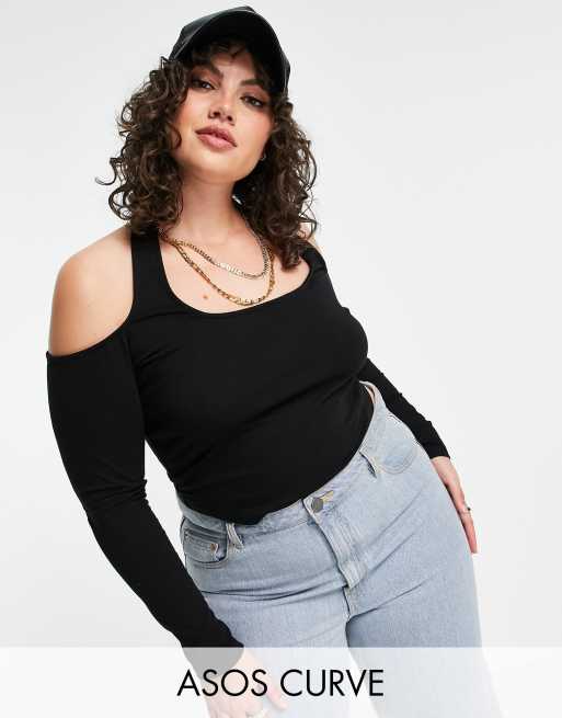 ASOS DESIGN Curve - Langærmet og sort croptop med halterneck