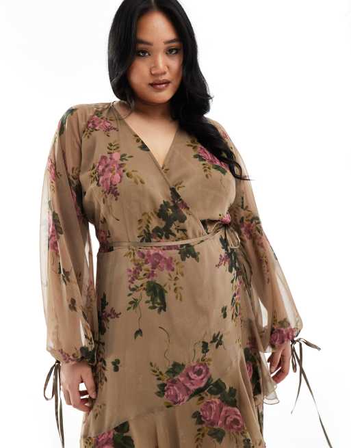 ASOS DESIGN Curve - Langærmet slå-om-midikjole med grønt blomstermønster i chiffon - Kun hos ASOS, 2 af 4
