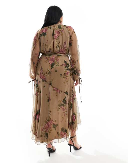 ASOS DESIGN Curve - Langærmet slå-om-midikjole med grønt blomstermønster i chiffon - Kun hos ASOS, 4 af 4
