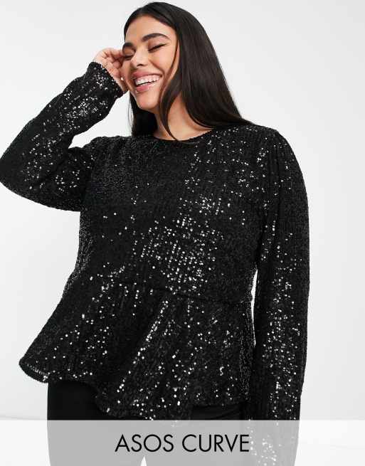 ASOS DESIGN Curve - Langærmet smock-top med pailletter i sort