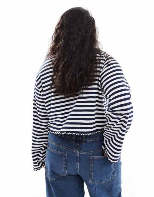 ASOS DESIGN Curve - Langærmet T-shirt med bølgekant og hvide og marineblå striber, 4 af 4
