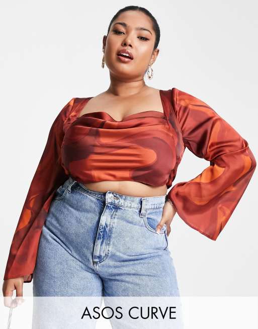 ASOS DESIGN Curve - Langærmet top med vandfaldsudskæring og brunt hvirvelprint - Del af sæt