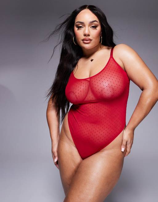 ASOS DESIGN Curve - Lara - Body morbido in tessuto a rete e pizzo rosso a pois