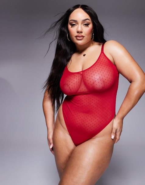 ASOS DESIGN Curve – Lara – Röd, mjuk body i spets och prickig mesh - view 1