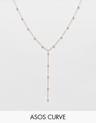 ASOS DESIGN Curve lariat necklace with pearl detail chain in gold tone | ASOS