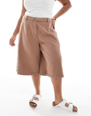 Asos Design Curve Laundered Paneled Longline Shorts In Brown