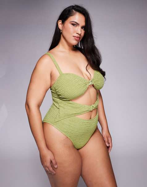 ASOS DESIGN Curve - Laurie - Limegrøn bandeau-badedragt med snoning foran og kædeled - view 1