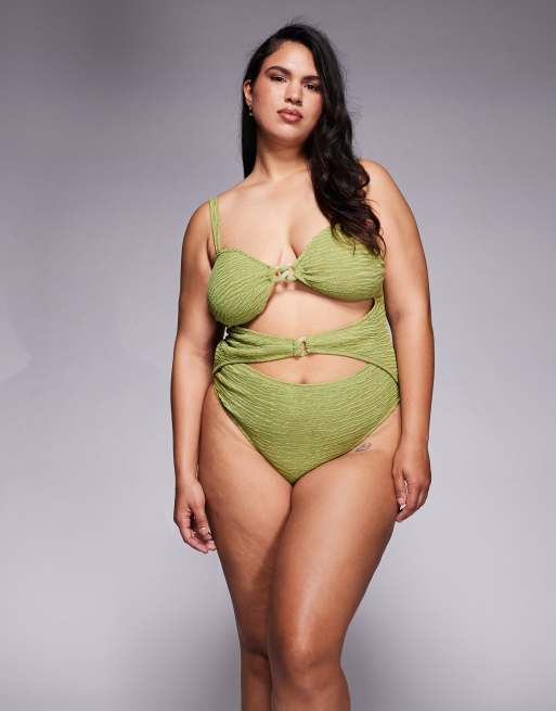 ASOS DESIGN Curve - Laurie - Limegrøn bandeau-badedragt med snoning foran og kædeled, 4 af 4