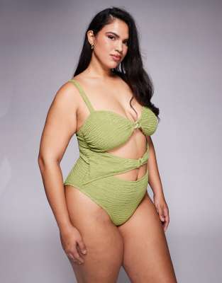 Asos Curve Asos Design Curve Laurie Twist Front Chain Link Bandeau Swimsuit In Green