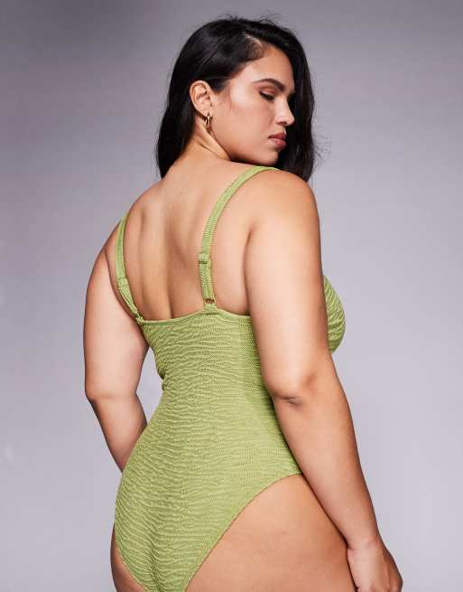 ASOS DESIGN Curve Laurie twist front chain link bandeau swimsuit in lime, 3 of 4