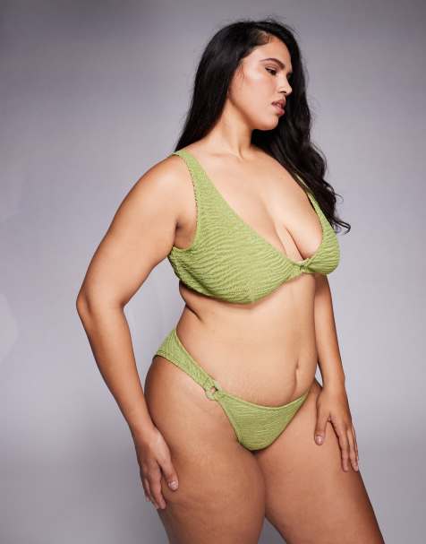 ASOS DESIGN Curve – Laurie – Wysoko wycięty limonkowy dół od bikini z ozdobnymi łańcuszkowymi ogniwami - view 1