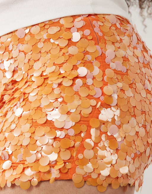 ASOS DESIGN Curve layered sequin mini skirt in orange, 3 of 5