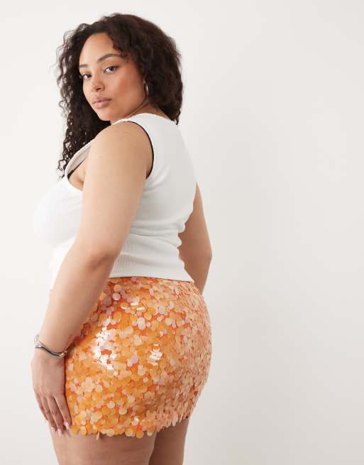ASOS DESIGN Curve layered sequin mini skirt in orange, 5 of 5