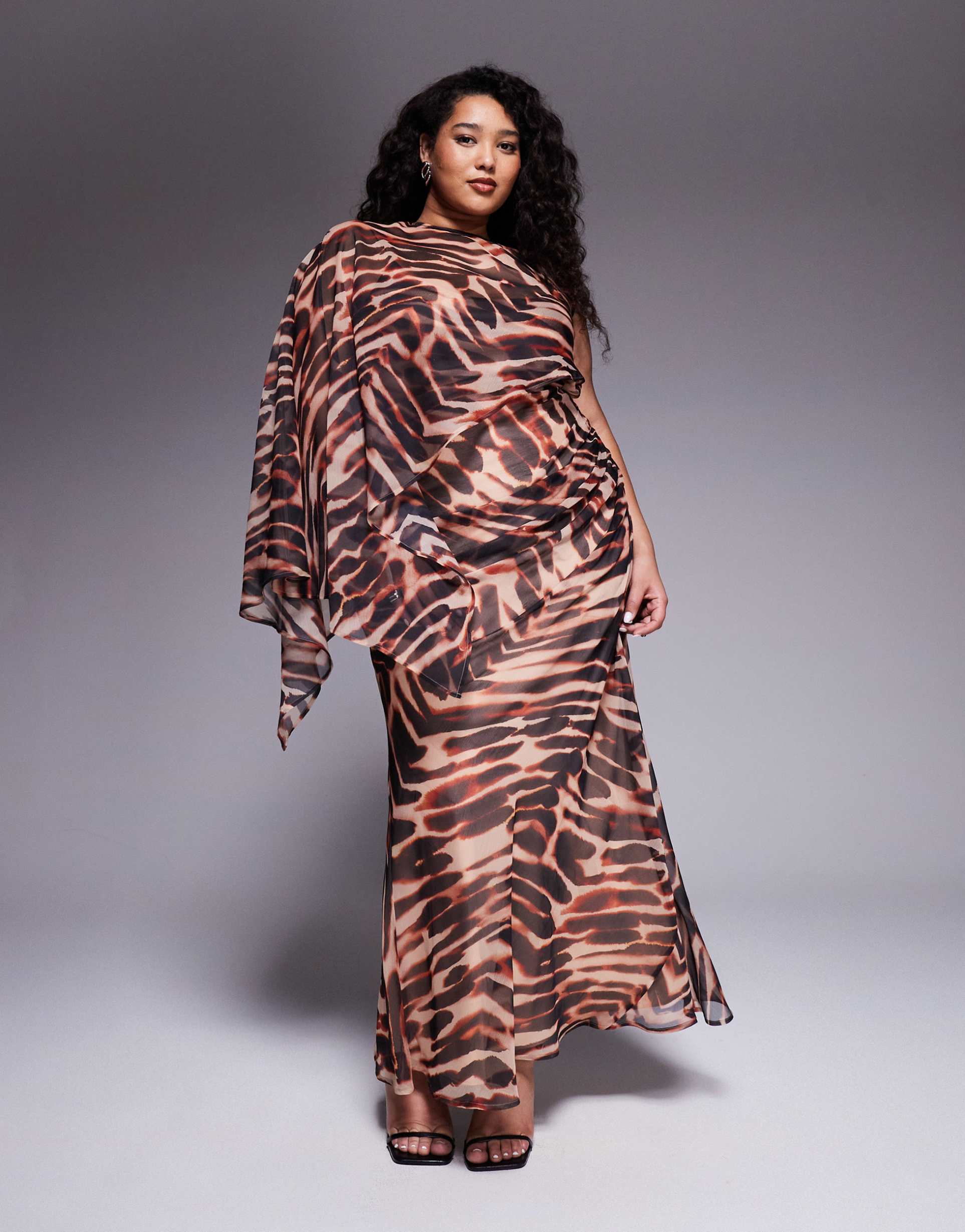 asos design curve layered sleeve overlay maxi dress with draped skirt in animal