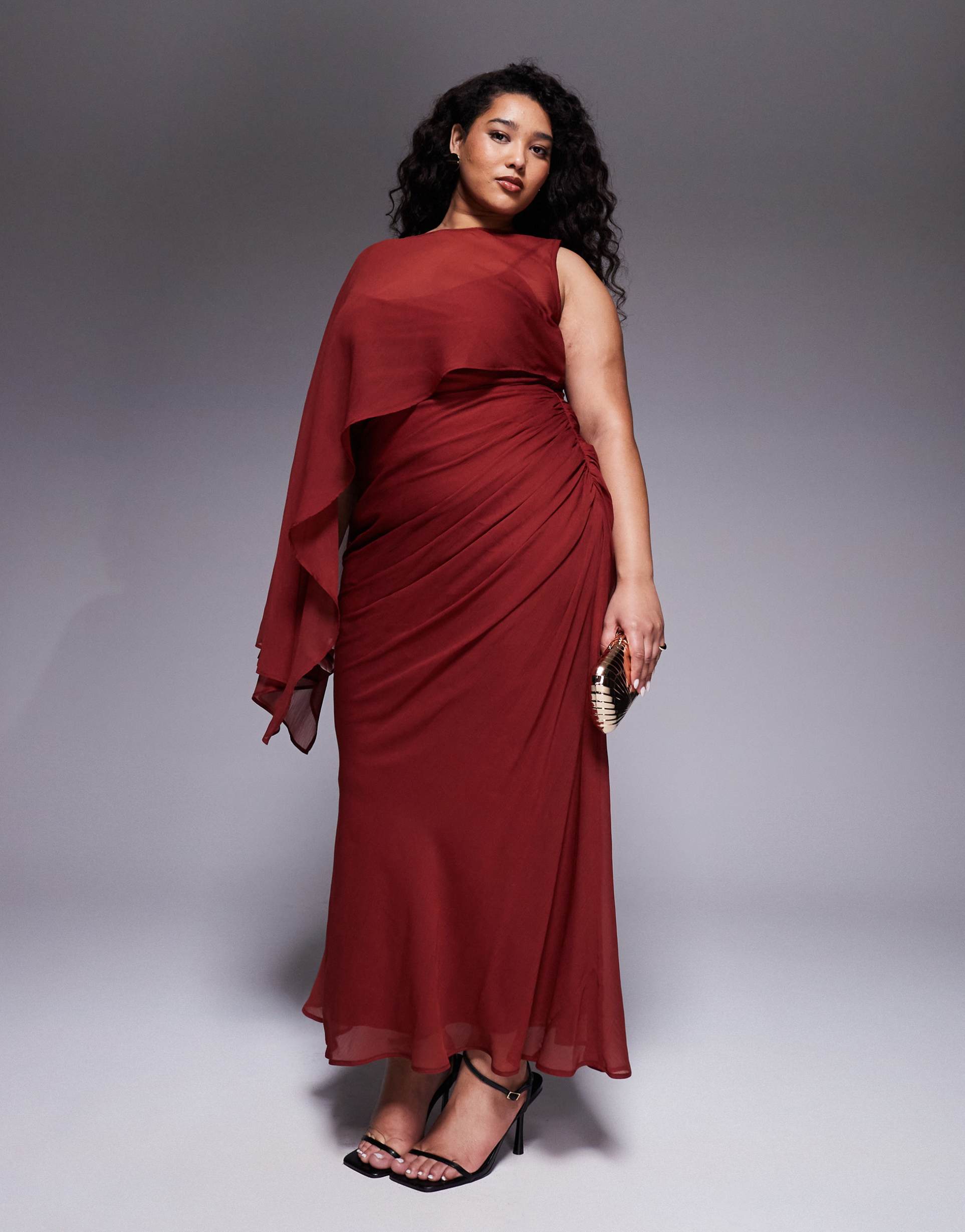 asos design curve layered sleeve overlay maxi dress with draped skirt in rust