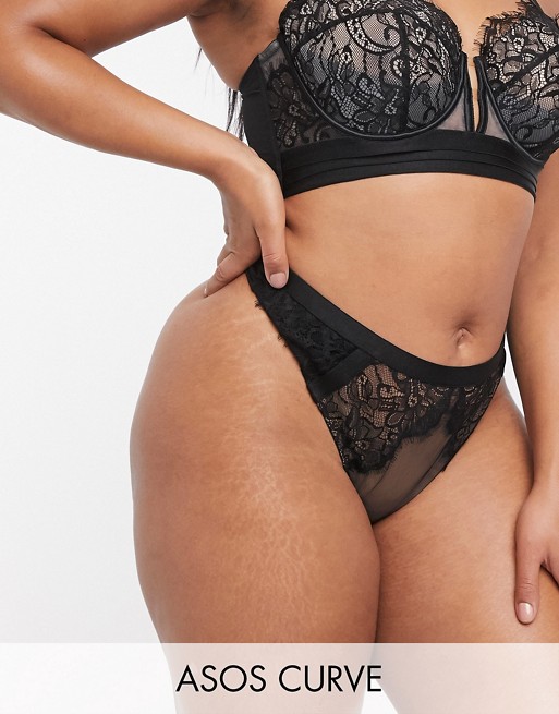 ASOS DESIGN Curve Layla high waist thong with layered lace & mesh