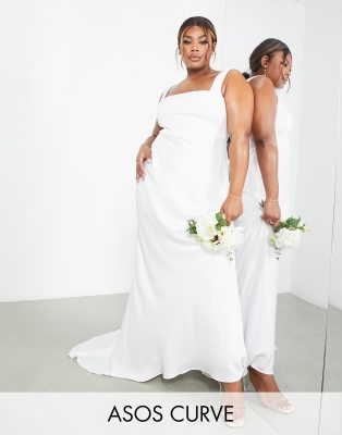 ASOS EDITION Curve Layne satin square neck wedding dress with train in ivory-White