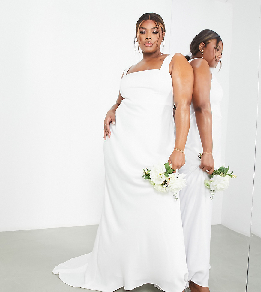 ASOS EDITION Curve Layne satin square neck wedding dress with train in ivory-White
