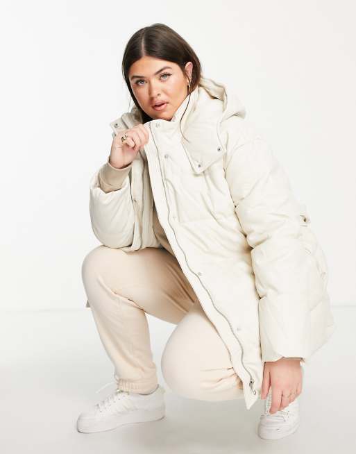 ASOS DESIGN Curve leather look belted puffer jacket in cream